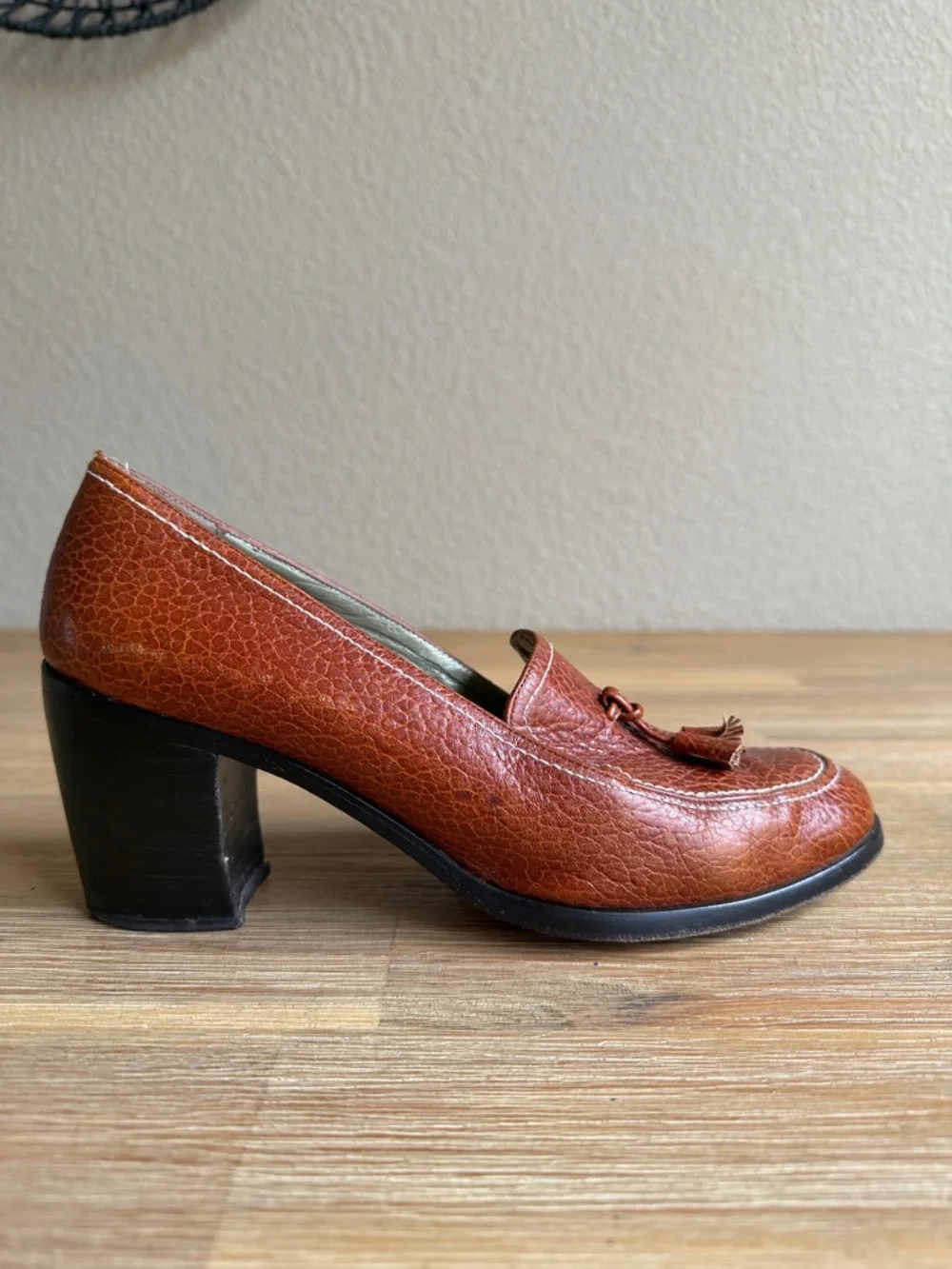 Paul Mayer Pebbled Leather Tassel Block Heels in Cognac - Picture 5 of 12